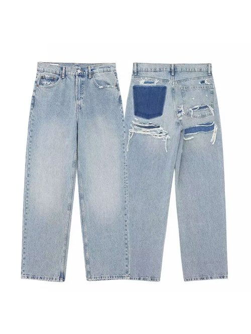 Afbeelding van Dames Street Fashion Blauwe Jeans met Patchwork Detail, Hoge Taille, Rits en Gescheurde Retro Look - Lange Broek 2024