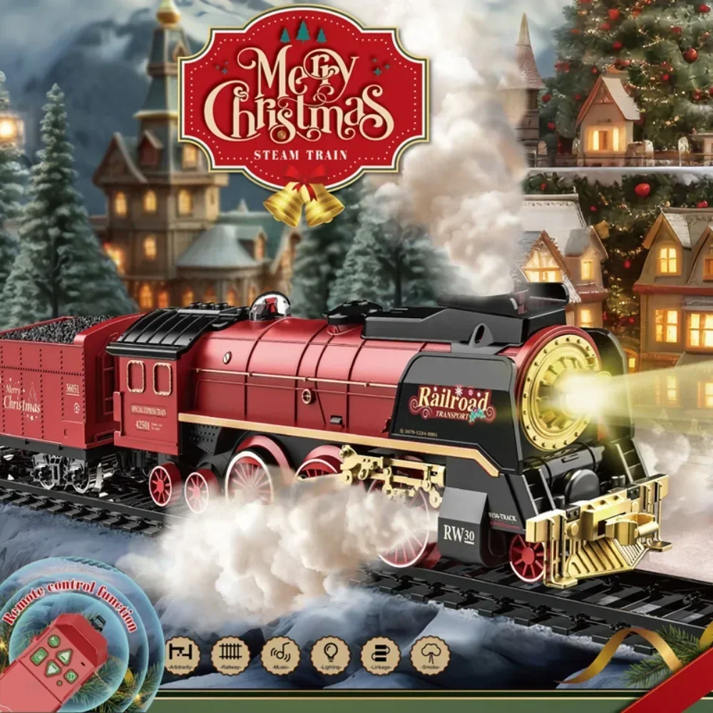 Image of Christmas Series Classical Remote Control Small Train Tracks Electric Steam Track Train Model Lights Children's Holiday Gifts