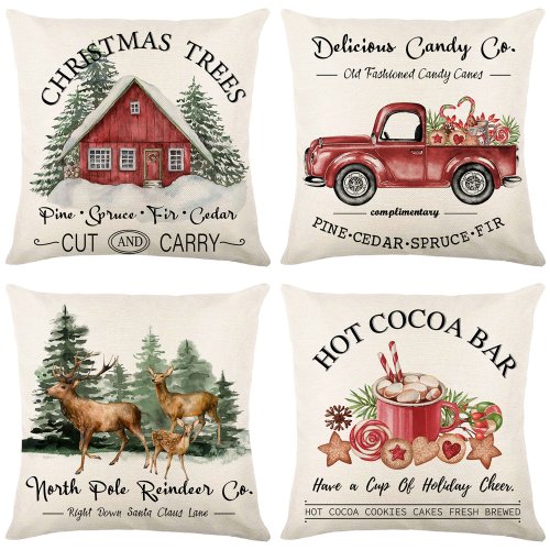Image of Festive 45x45cm Christmas Pillowcase with Elk, Snowman & Tree Design – Cozy Cotton Cushion Cover for Holiday Decor 2024