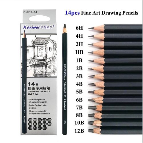 Afbeelding van 14-delige houten tekenpotloodset professioneel kunstenaarspakket met HB, 2B, 6H, 4H, 2H, 3B, 4B, 5B, 6B, 10B, 12B, 1B en schetspapier voor kunst en schilderen