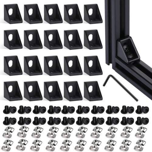 Immagine di Staffa Angolare da 20 mm con 40 Dadi a T Pendenti e Bulloni Esagonali per Slot da 6 mm - Accessori Serie 2020 per Profili in Alluminio Estruso