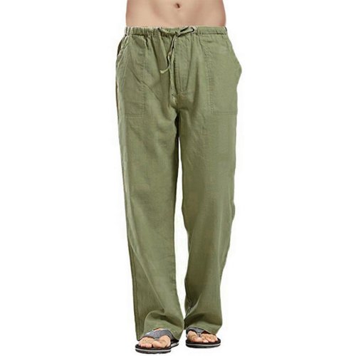 Immagine di Pantaloni da uomo in lino a gamba larga con tasca posteriore pantaloni larghi Streetwear maschili solidi moda estiva YYC-CK-009