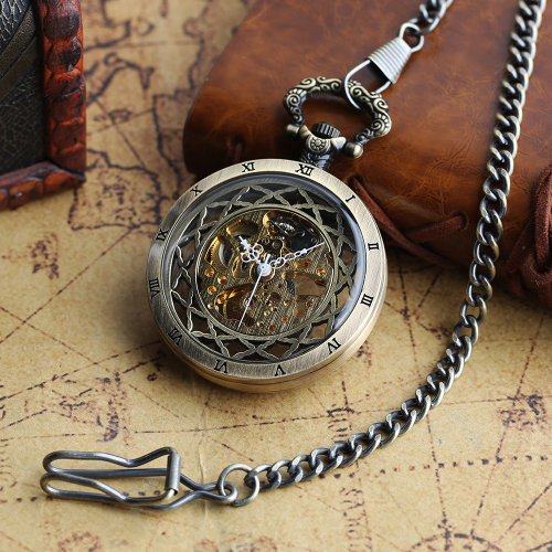 Imagen de Reloj de Bolsillo Mecánico de Esqueleto con Cadena