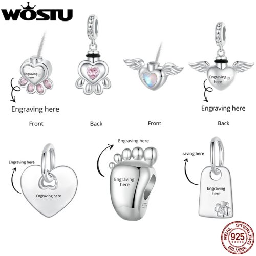 Immagine di Ciondolo in Argento Sterling 925 con Cuore, Fascino a Forma di Piede e Stampa di Perline Personalizzata - Urna per Ceneri con Nome Inciso, Regalo Originale per Memoria di Animali Domestici
