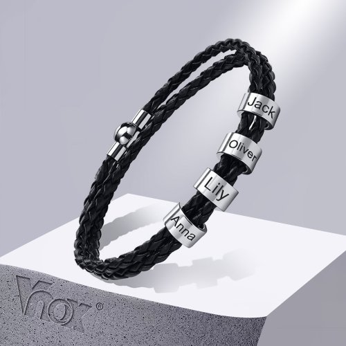 Immagine di Bracciale da Uomo in Vera Pelle Intrecciata Personalizzato con Nome - Ciondolo con Perline in Acciaio Inossidabile e Nomi di Famiglia, Regalo Emozionante per Papà