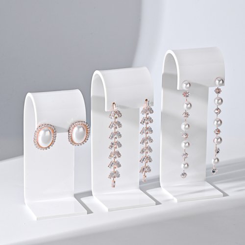 Afbeelding van Elegante 3-delige Acryl Oorbellen Display Stand in Zwart, Wit en Transparant - Perfect voor Sieradenpresentatie