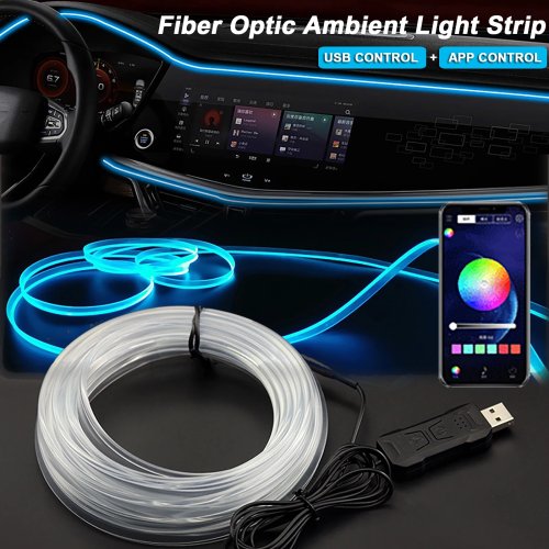 Immagine di Striscia LED RGB Invisibile da 2 a 5 Metri per Interni Auto con Fibra Ottica, Illuminazione Ambiente con Controllo App via USB