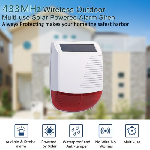 Afbeelding van Draadloze 433MHz Outdoor Sirene met Waterdichte Flitslamp en Strobe Alarm voor Huisbeveiliging – Eenvoudig In te stellen met Lange Batterijlevensduur