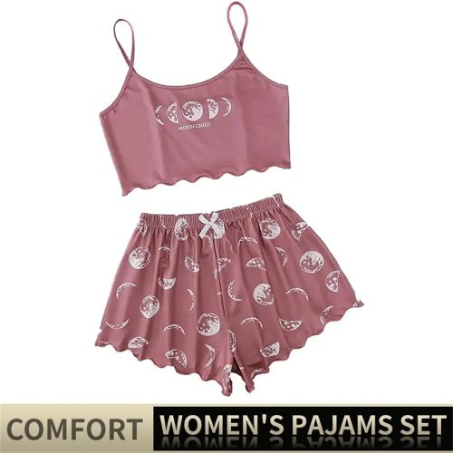 Immagine di Pigiama da Donna Estivo in Cotone Morbido con Stampa Luna e Pianeti - Set Canotta e Pantaloncini Rosa, Abbigliamento da Casa Casual e Comodo