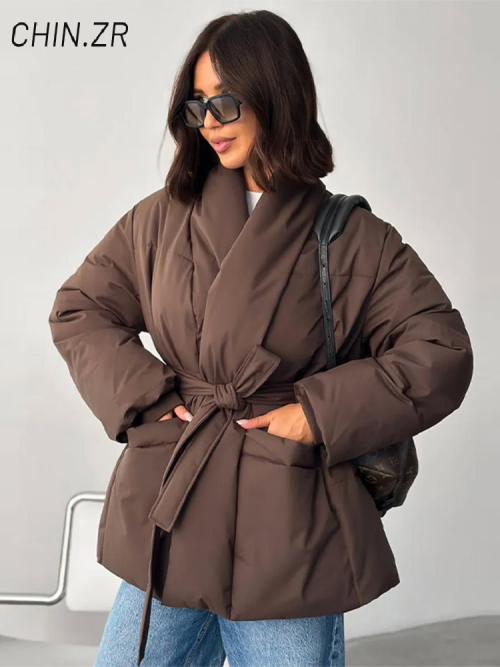 Imagen de Abrigo de Invierno Informal con Cordones para Mujer, Chaqueta Tipo Kimono de Manga Larga con Cremallera y Cuello Levantado, con Cinturón, Prenda Caliente y Gruesa en Color Sólido, Novedad 2025