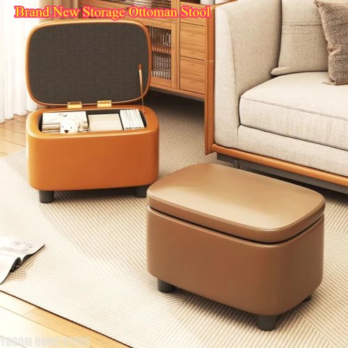 Image of Elegant Upholstered Storage Ottoman Stool with Hidden Compartment – Stylish and Functional Seating for Your Living Room