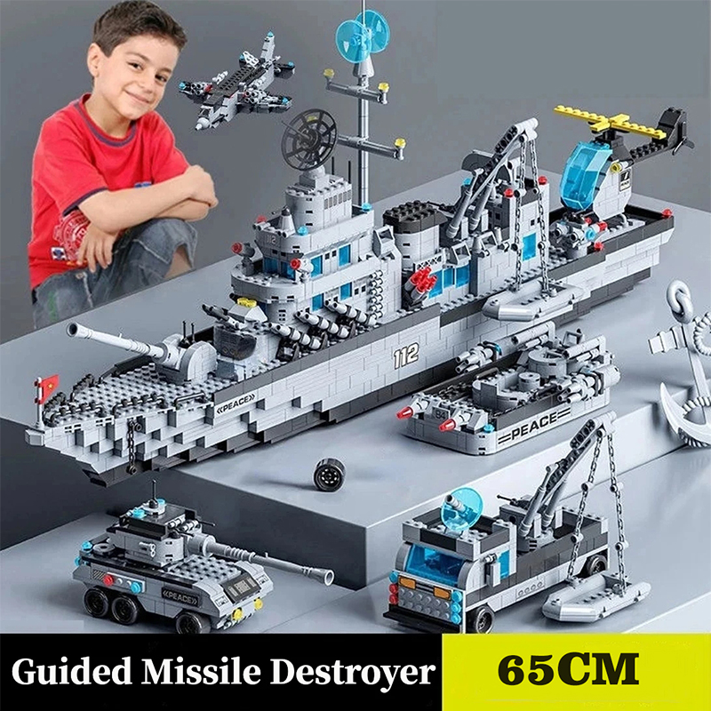 Image of 1560pcs 6 IN 1 Military Navy Ship Sets Building Blocks War Army Boat Plane Model Toys for Boys Bricks Toys Christmas Gifts