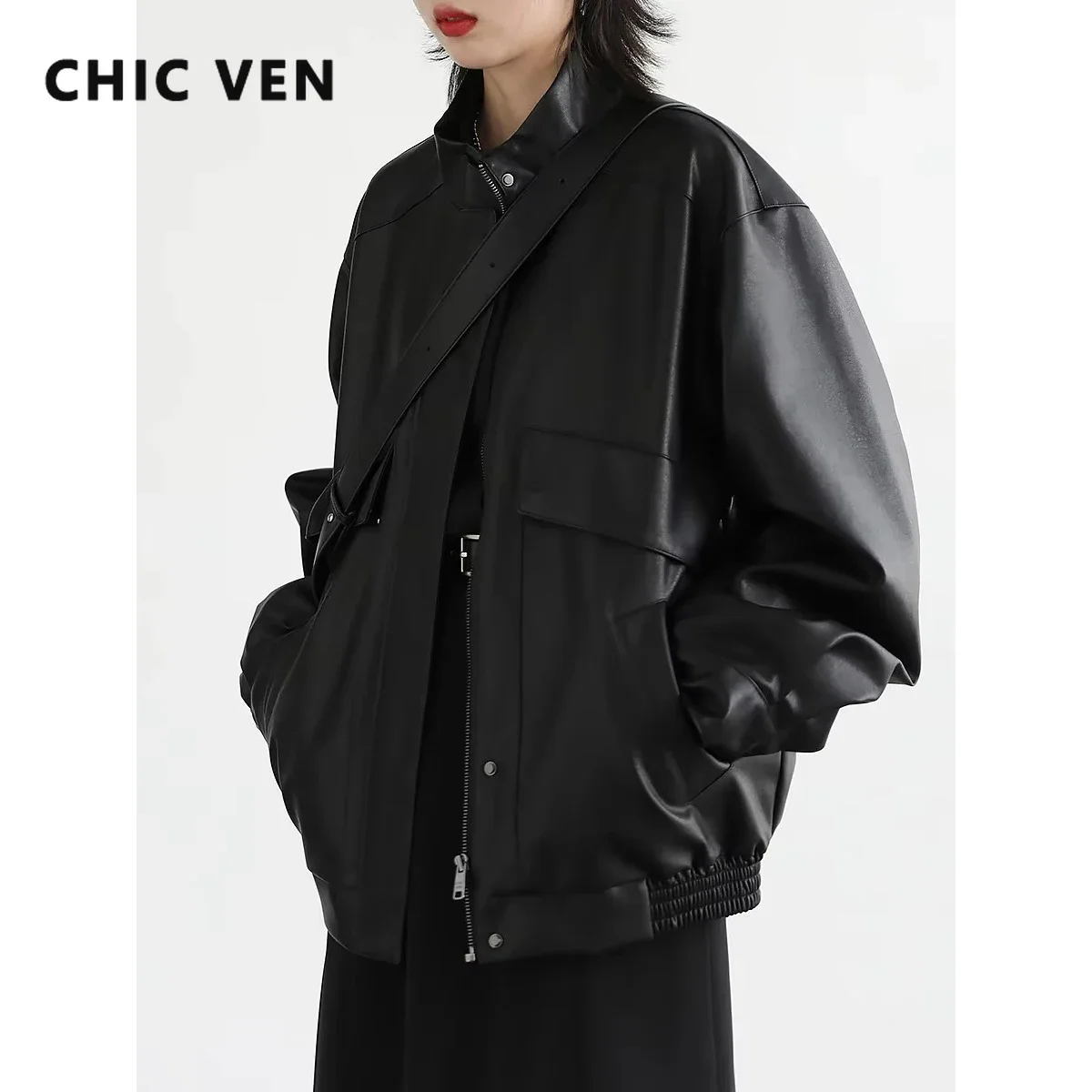 Image of Stylish Women's Quilted PU Faux Leather Long Sleeve Coat with Stand Collar – Thick Solid Overcoat for Autumn and Winter 2024