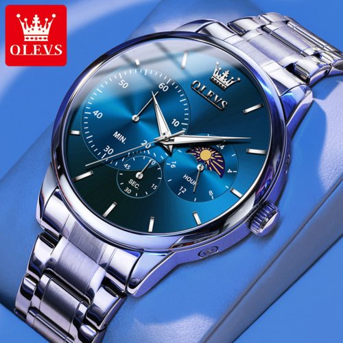 Image of OLEVS 2936 Mens Watch Simple Casual Original Quartz Watch For Men Waterproof Luminous Stainleess Steel Moon Phase Men Gifts