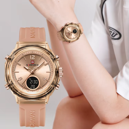 Image of Elegant Gold-Tone Women's Sports Watch with Dual Time Display, Waterproof Quartz Movement and Rubber Strap