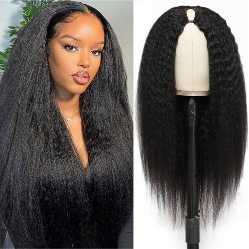 Image of Natural Looking Synthetic Black Kinkly Straight U-Part Wig with Yaki Texture – Perfect for Daily Wear and Parties