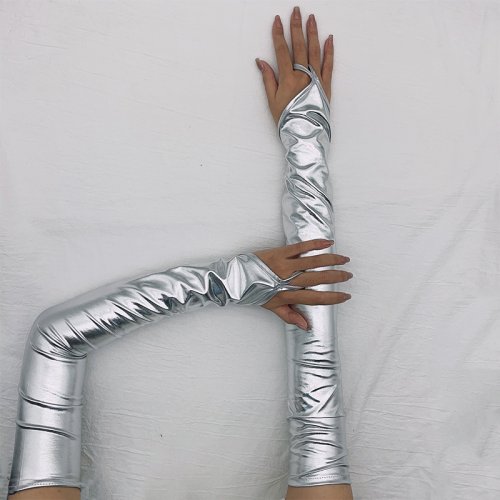 Imagen de Manoplas de látex sin dedos metálicas Wetlook para mujer, guantes largos hasta el codo de charol, ropa de baile Sexy para fiesta y Club nocturno