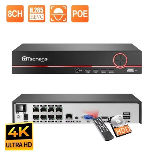 Image of Techage H.265 4K 8-Channel PoE NVR with 2MP, 3MP, and 5MP Support – High-Definition Network Video Recorder for Home Security & CCTV Surveillance