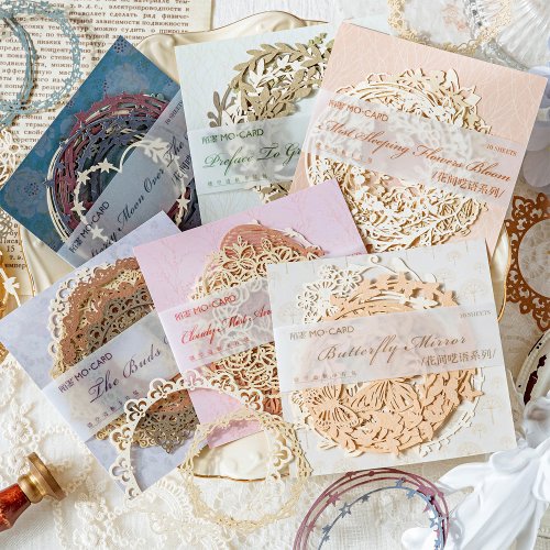 Image of 10-Piece DIY Scrapbook Paper Wreath Kit with Lace Decorations, Hollow Cardstock, Collage Materials & Lomo Cards for Handmade Craft Projects