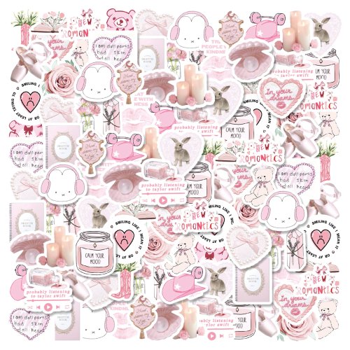 Image of Adorable Bunny & Bear PVC Stickers Set – 46-Piece Pink Graffiti Decals for Notebooks, Water Bottles, Diaries, Guitars, and Student Stationery
