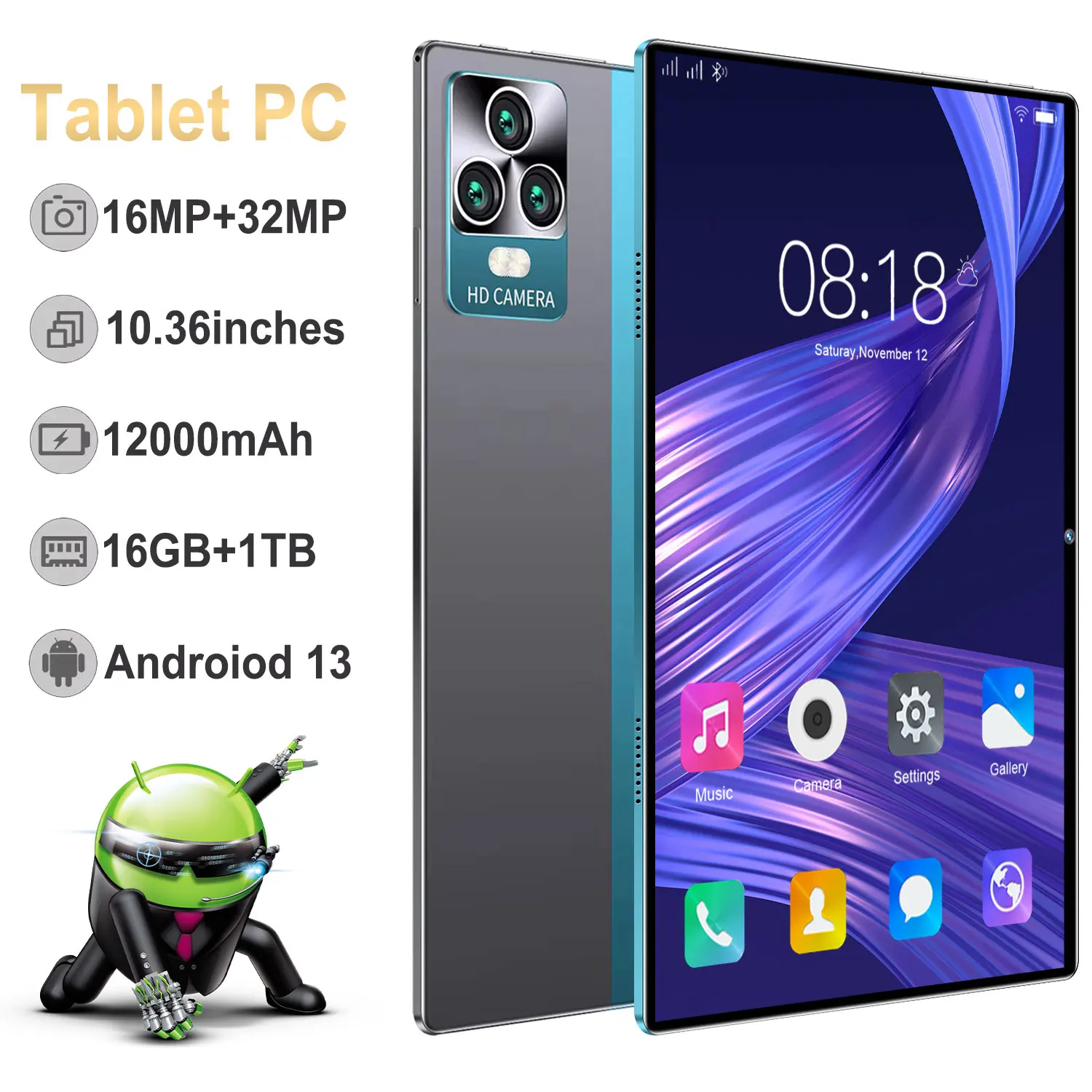 Image of 2025 10.36-inch 5G Android Tablet PC with 16GB RAM, 1TB ROM, 12000mAh Battery, Octa-Core Processor, Global Network Support, Full HD Display