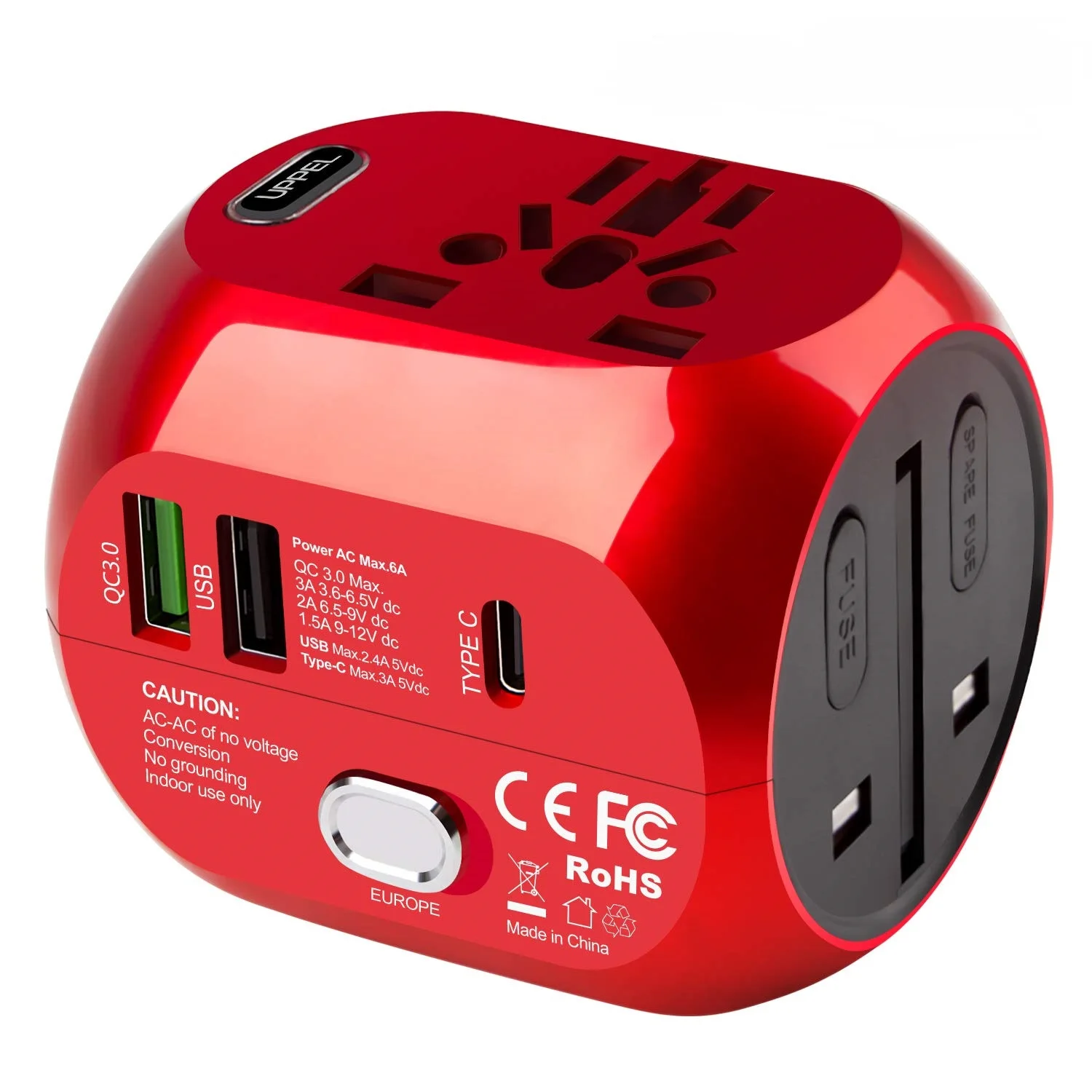 Afbeelding van UPPEL Universele reisadapter US/UK/AU/EU Meerdere stekkerconverter Snelle QC3.0 Type C USB-oplader 3-poorten Europese voedingsadapter