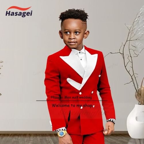 Afbeelding van Elegante Rode Jongenspak Set met Witte Puntige Kraag en Dubbele Rij Gesp – Luxe Casual Kleding voor Bruiloften en Speciale Gelegenheden