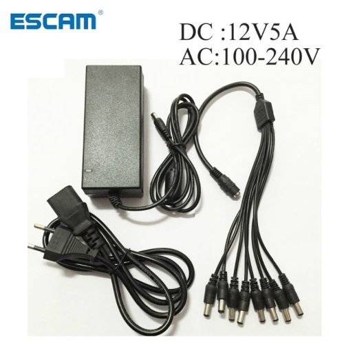 Afbeelding van DC 12V 5A Voedingsadapter met 8 Gesplitste Kabels voor CCTV Beveiligingscamera's en DVR Systemen – Ideaal voor AHD, TVI, CVI en Analoge Camera's