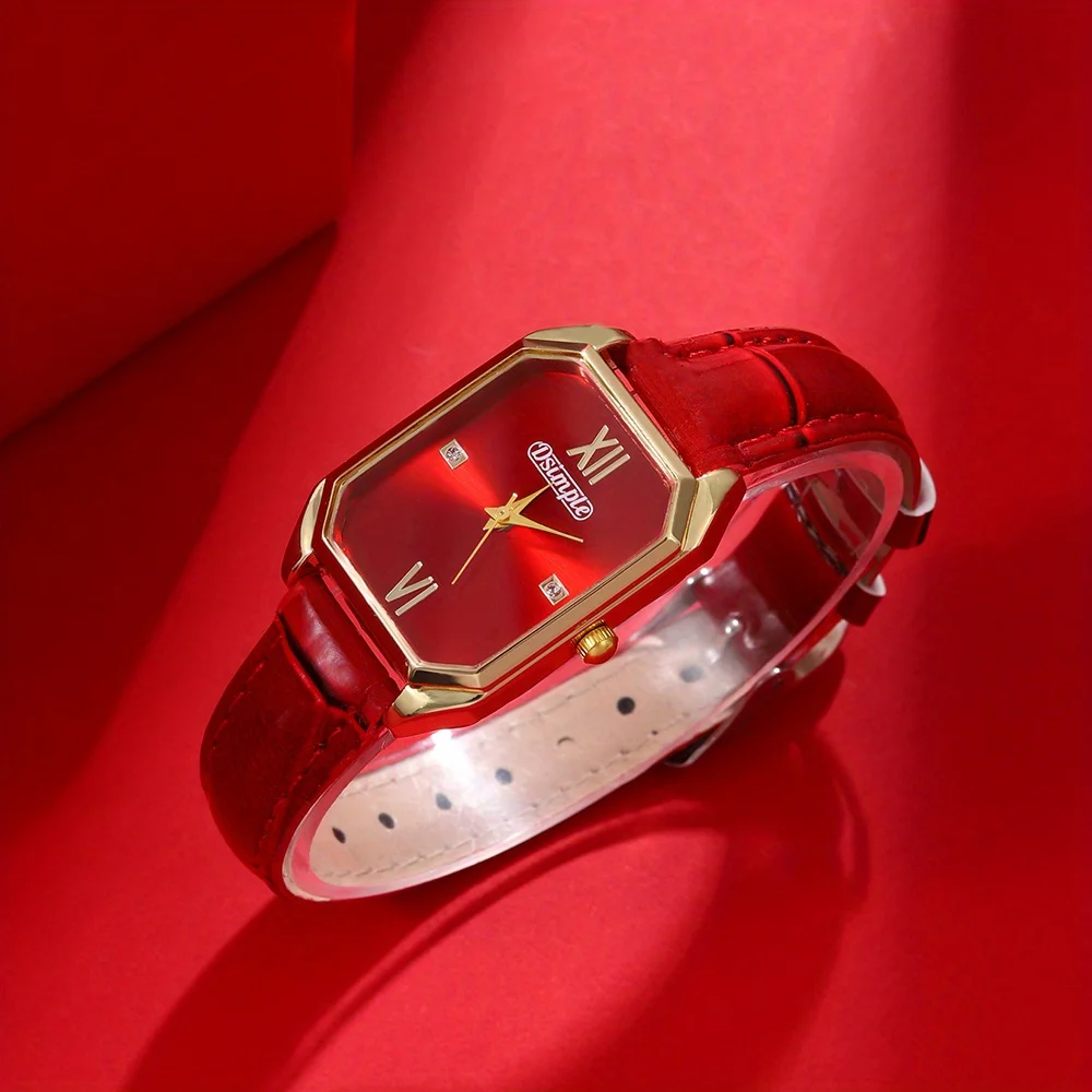 Imagen de Relojes de lujo para mujer, elegante reloj de cuarzo para mujer, analógico, rojo, de cuero PU, con esfera cuadrada de diseñador, opción Ideal para regalos
