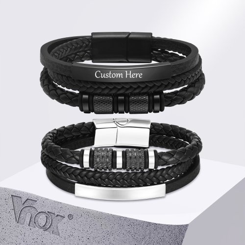 Imagen de Vnox pulsera de cuero trenzado personalizada para hombres pulsera de cuero Pu de tejido Triple hecha a mano nombre personalizado texto joyería regalos