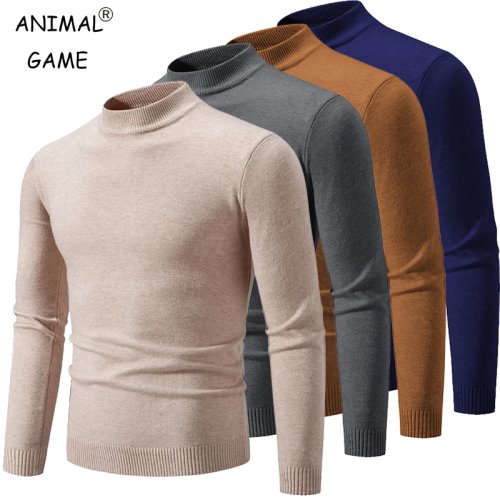 Image of Men's Oversized Knitted Sweater with Half Neck - Solid Color, Warm Autumn Pullover, Elastic Round Neck, Basic Long Sleeve Sweatshirt