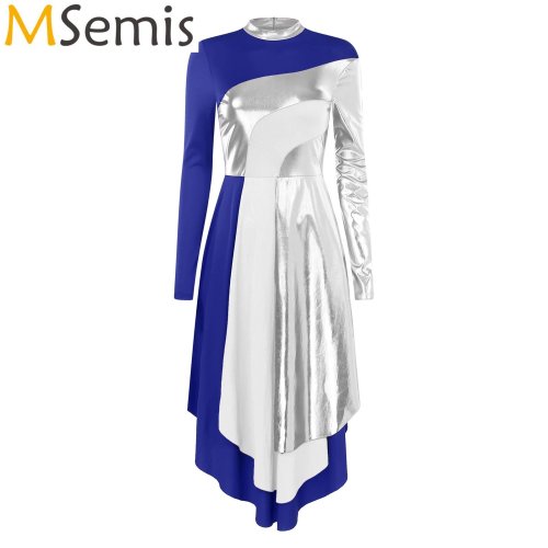 Image of Women's Color-Block Liturgical Praise Dance Dress with Irregular Hem for Church Worship, Ballet, and Lyrical Dance Performances