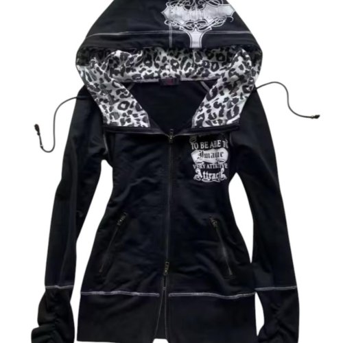 Afbeelding van Y2K Gotische Hoodie met Luipaardprint & Schedel – Vintage Vrouwen Sweatshirt