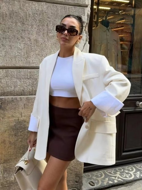 Zdjęcie Elegancka Marynarka Damska 2025 – Modna, Oversize z Kieszeniami Klapami, Luźna Kurtka Biurowa na Jesień