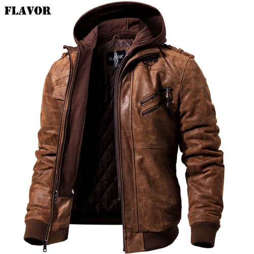 Imagen de Chaquetas de cuero auténtico para hombre abrigo de invierno con capucha extraíble cálido para motocicleta  jaqueta masculina