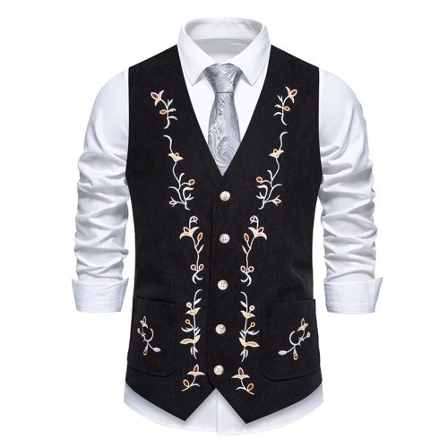 Image of Men's Western Corduroy Vest with Gothic Floral Embroidery – Vintage Steampunk Victorian Waistcoat for Dressy Occasions