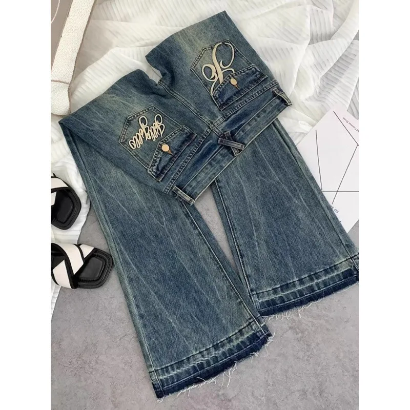 Immagine di Jeans americani retrò a vita bassa femminile autunno nuovo ricamo vecchio temperamento moda casual slim Joker pantaloni a campana.