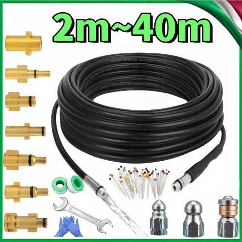 Imagen de Kit de Limpieza de Drenajes con Manguera de Alta Presión 2.40 m, Boquilla para Limpiador de Tubos y Accesorios Compatible con Karcher