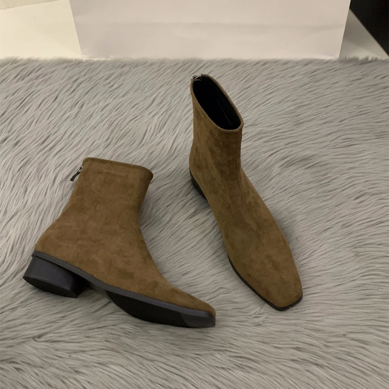 Image of Elegant Peach-Colored Back Zip Women's Square Toe High Heel Short Boots for Fall and Winter Fashion