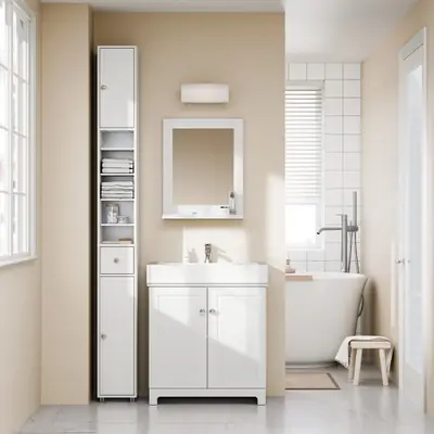 Armoire de Bain Haute avec Étagères Réglables en Bois Massif