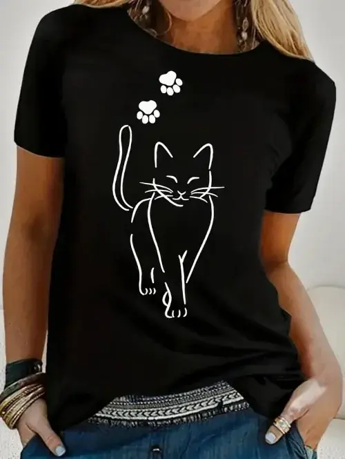 Image de T-Shirt Chat Kawaii Femme - Imprimé Mignon & Décontracté