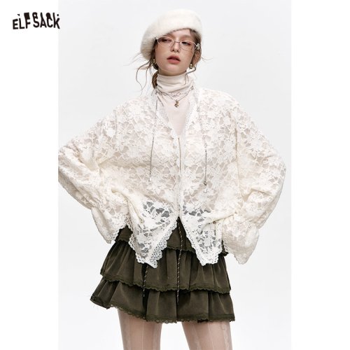Imagen de Blusa de Encaje Transparente para Mujer con Cuello en V, Camisa Holgada de Gasa Romántica y Elegante Estilo Cottagecore 2025