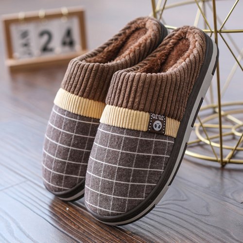 Image of Cozy Men's Winter Thermal Slippers with Fuzzy Fur Lining, Non-Slip Grip Sole, Plush Cotton Interior, Comfortable Indoor House Shoes for Large Sizes