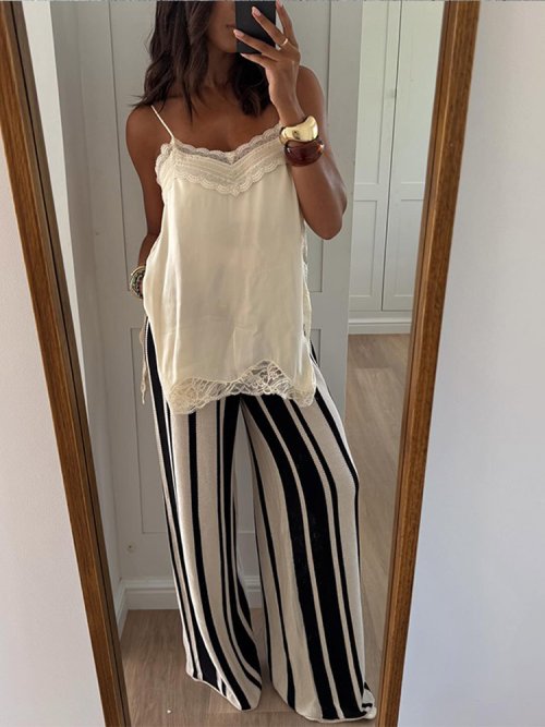Immagine di Top Sexy da Donna in Pizzo Patchwork con Fionda, Senza Maniche e Spalle Scoperte, Camicetta Elegante e Trasparente per Vacanze e Club