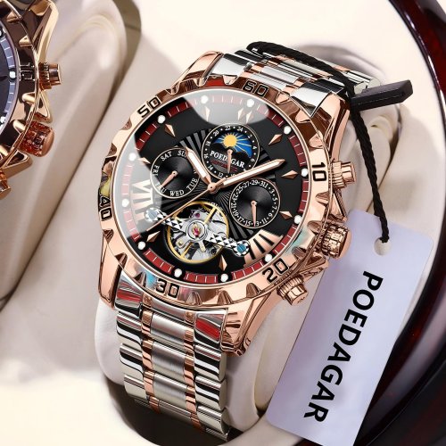 Bild von Poedagar Luxus Automatische Mechanische Herrenuhr mit Hohlem Tourbillon, Wasserdicht, Leuchtende Zeiger und Datumsanzeige – Elegante Business Uhr für Männer