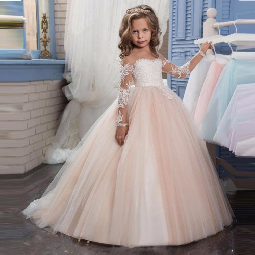 Image of Elegant Light Pink Tulle Flower Girl Dress with White Appliqués and Long Sleeves for Weddings, Birthdays, and Holy Communion