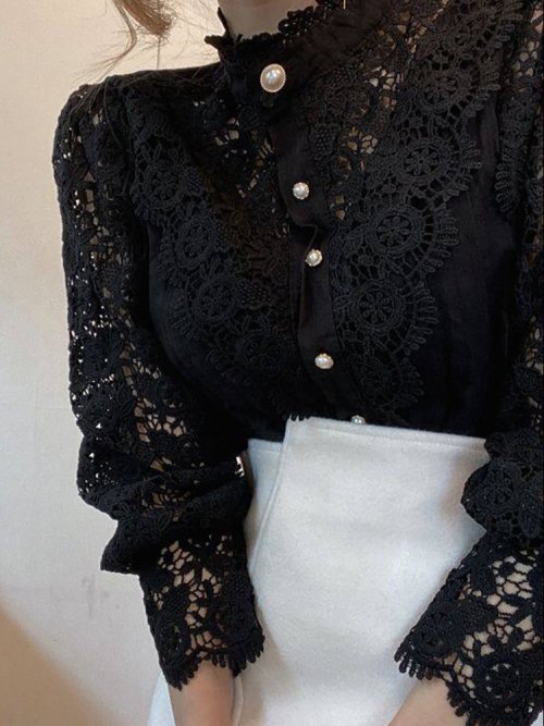 Imagen de Camisa de cuello alto con boton de gasa para mujer, elegantes chic, de encaje floral, mullido, de ma...