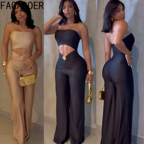 FAGADOER Seksowny kombinezon bodycon z wycięciami dla kobiet, jednolity kolor, bez rękawów, z odkrytymi plecami, damskie ubrania uliczne, kombinezony, nowość 2025