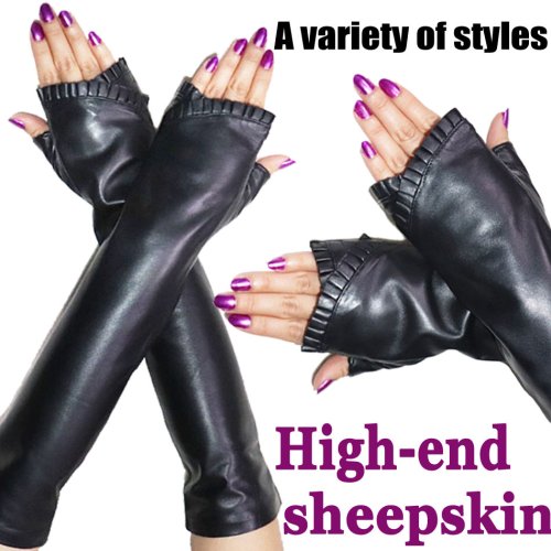 Image of Premium Women's Sheepskin Leather Gloves with Long Arm Protection – Warm Winter Fingerless Half-Finger Design for Wrist to Elbow Coverage