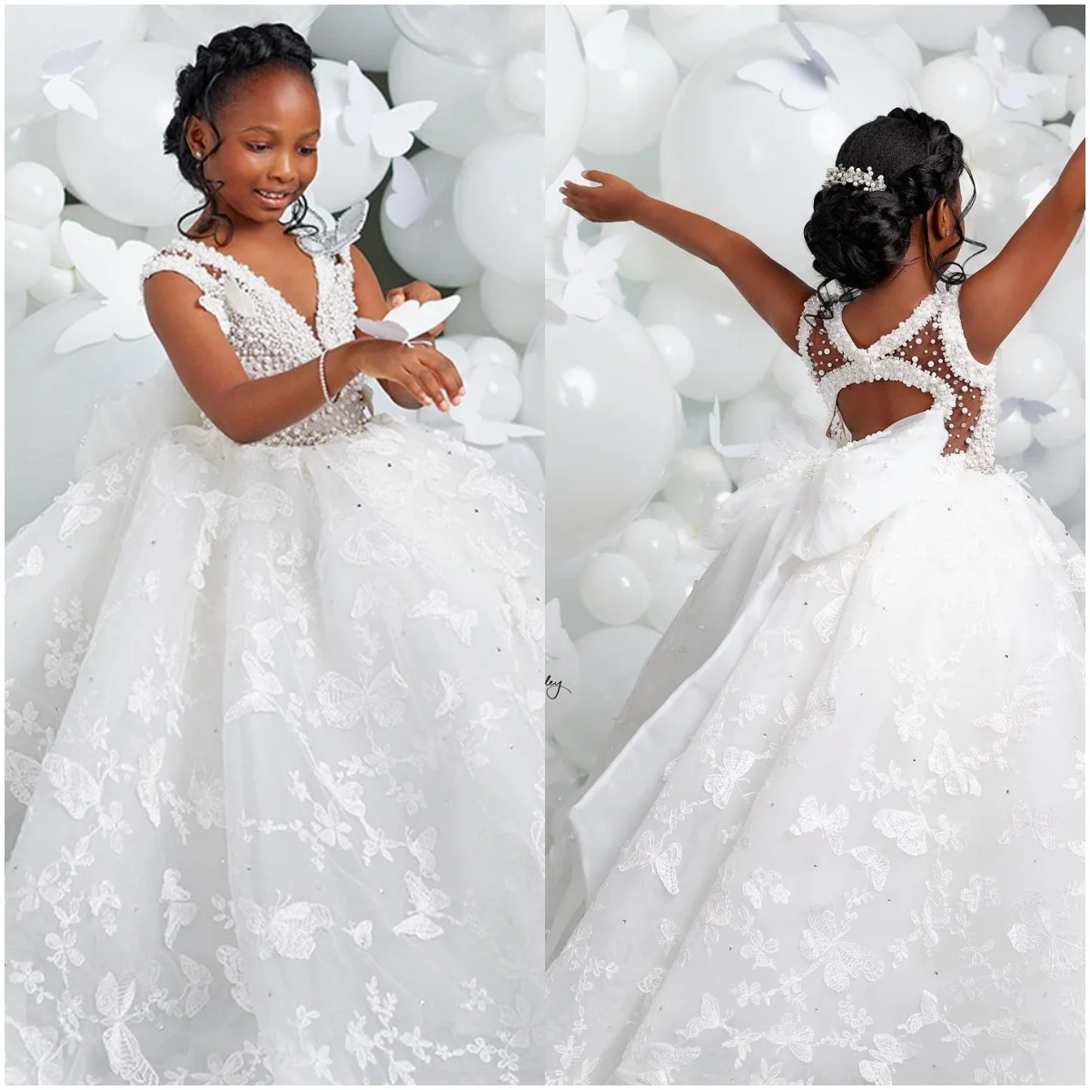 Image of Elegant White Flower Girl Dress with Butterfly Appliques and Pearl Embellishments – Floor-Length Gown for Weddings, Birthday Parties, First Holy Communion